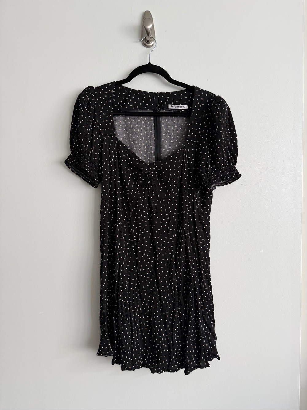 Reformation Drea Black Polka Dot Puff Sleeve Mini Dress